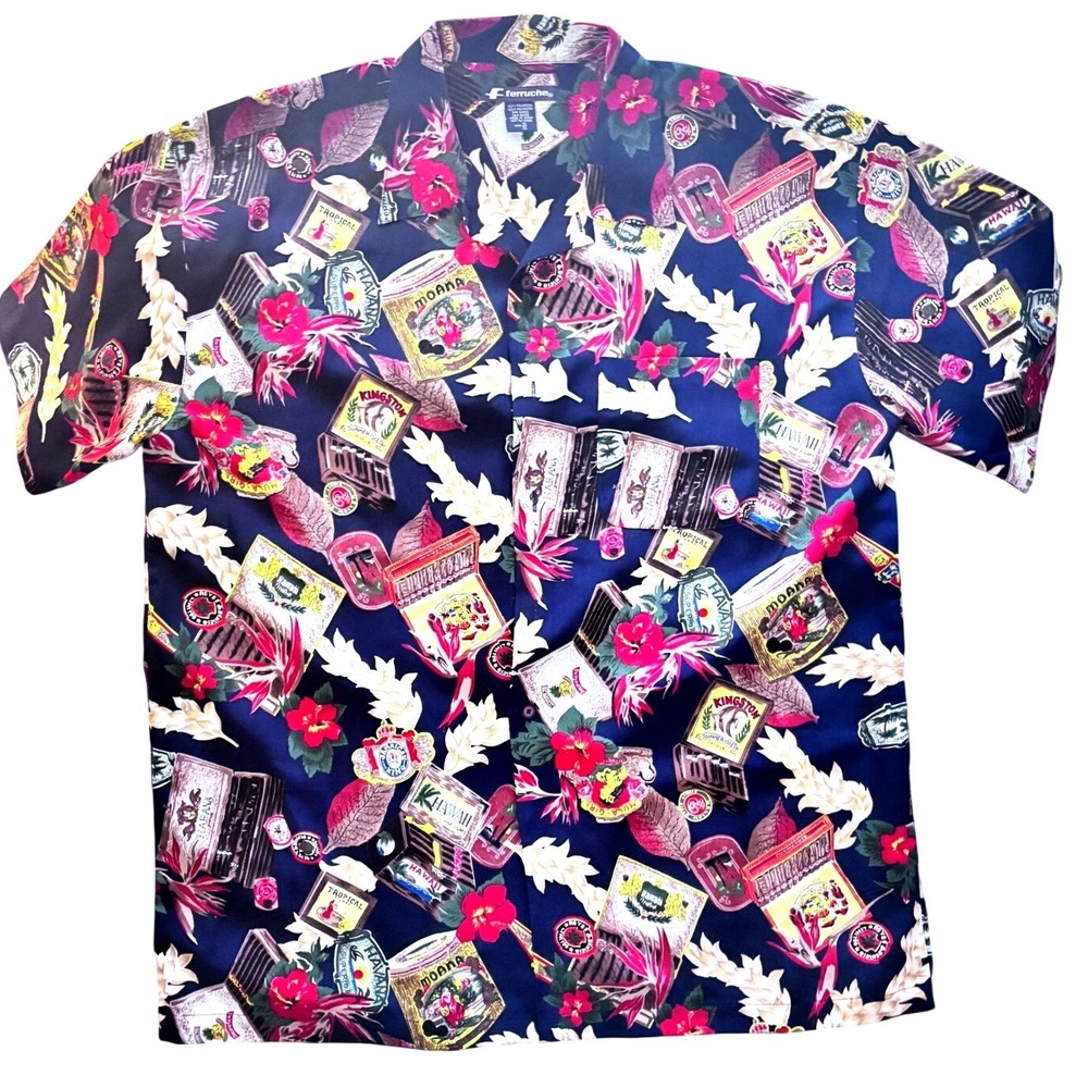 Ferruche Mens Vintage Cigar Label Tropical Short Sleeve Button Down Shirt M